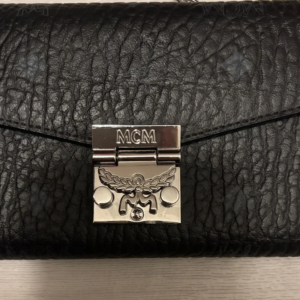 MCM Black Leather Clutch with Silver Chain - Picture 2 of 5